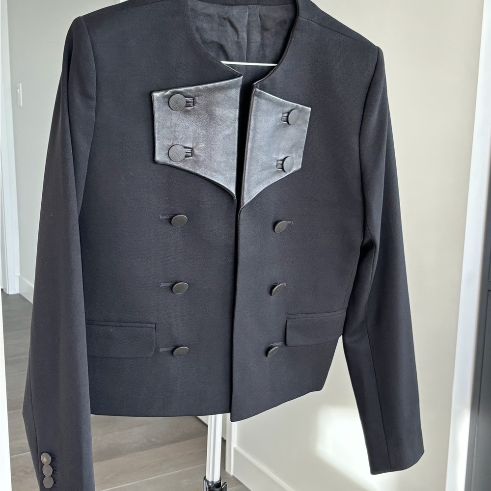 The Kooples Black Double-Breasted Military Blazer with Leather Trim